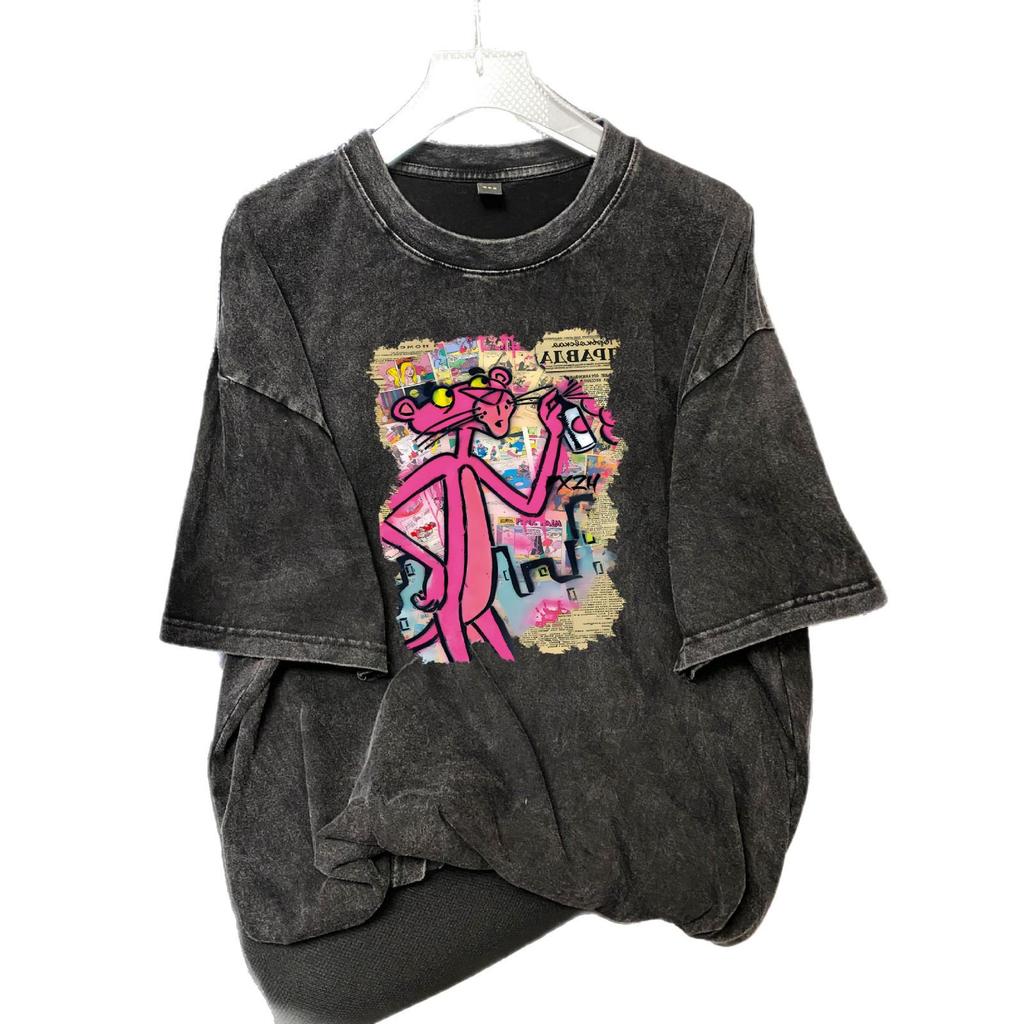Women's Black Cartoon Print Pure Cotton T-shirt, American Style, Loose Fit, Short Sleeve, Summer 2025 Collection, Versatile for Couples