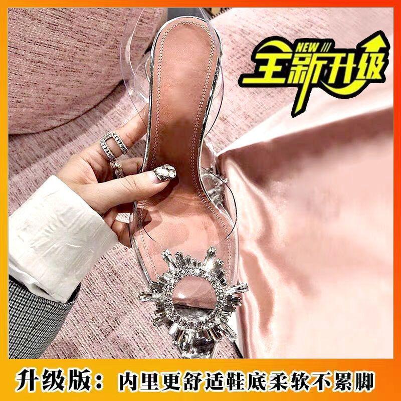 Chaussures d'été fines à talon haut et fin, bout en sac, talon en cristal, talon court mode, strass, transparentes pour femmes, rue frite, haute valeur