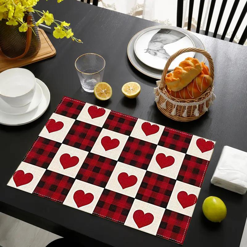 4pcs/6pcs/8pcs Valentine's Day themed placemats, linen placemats for home kitchen restaurant, fashionable print, table mats for holiday parties