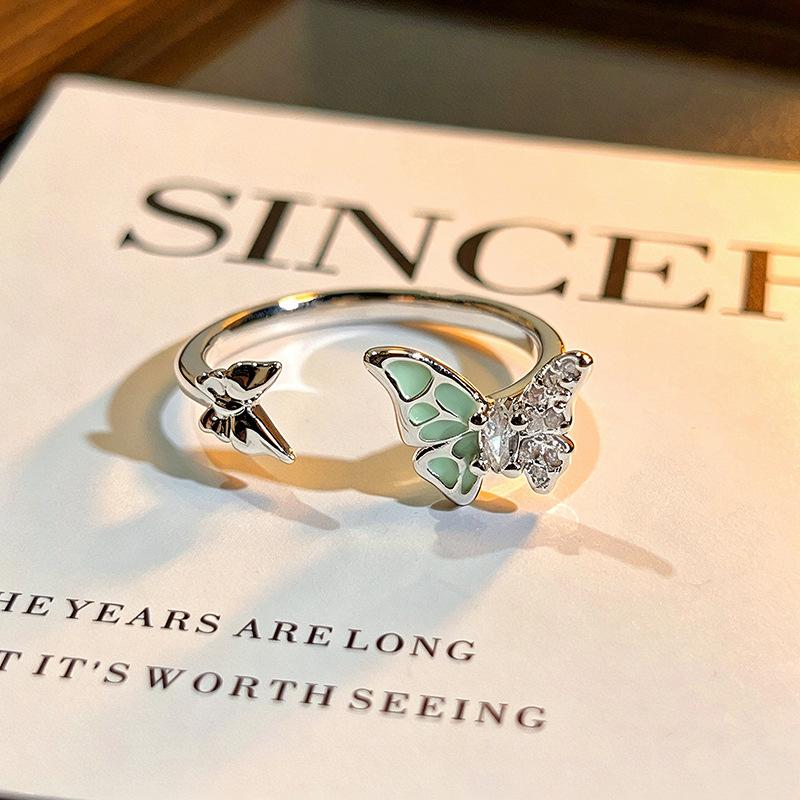Mint Green Mambo‑Style Open Ring Mori Ethereal Vibe Enamel Butterfly Inlaid Zircon Niche Design Personalized Adjustable Stackable Decorative Ring