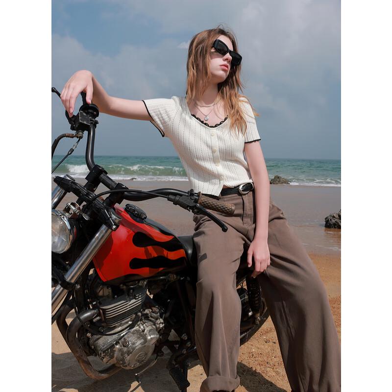 

SanCai Women s Slim Fit Lace Trim Square Neck Short Sleeve Knit Top S