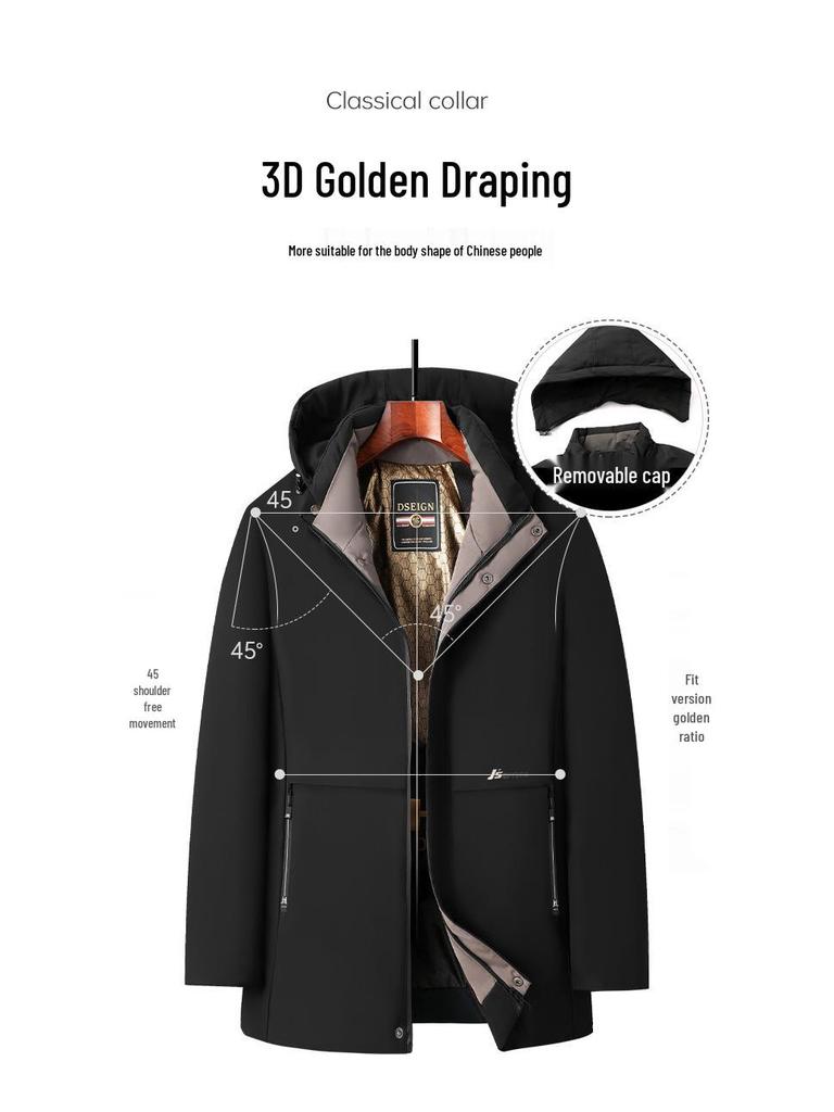 Men's Black Gold Fleece-Lined Hooded Winter Jacket - Thick Warm Cotton Parka for Middle-Aged Dads