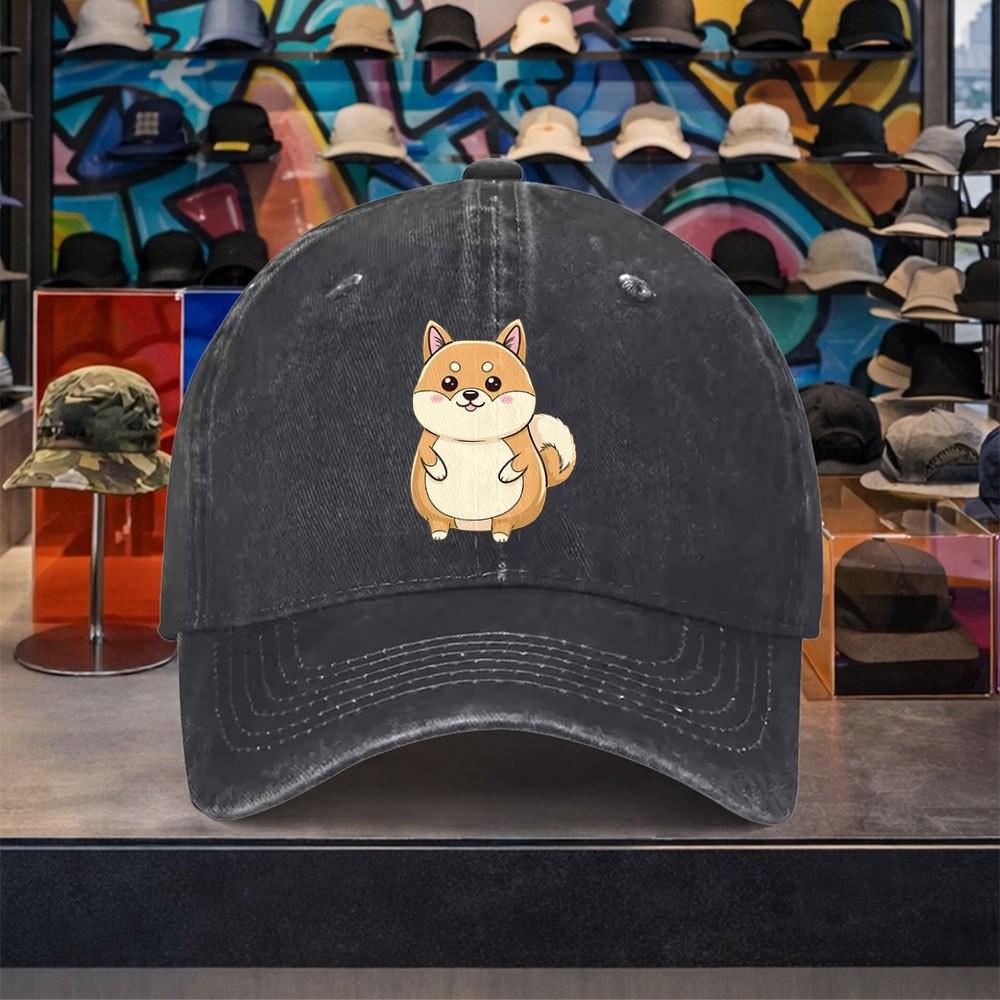 Cartoon Shiba Inu Baseball Cap Distressed Washed Cotton Casual Adjustable Cap for Unisex Travel