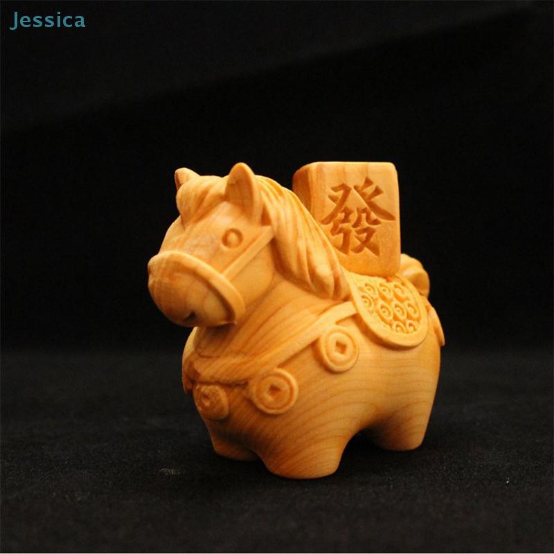 Cute Pony Figurine, Cliff Cypress Wood Carved Chinese Zodiac 'Fortune On Horseback' Statue
