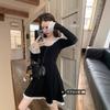 [] Lace Splicing Contrasting Color Hooded Long-sleeved Dress Women's Autumn Fashion Waist and Thin Short Skirt