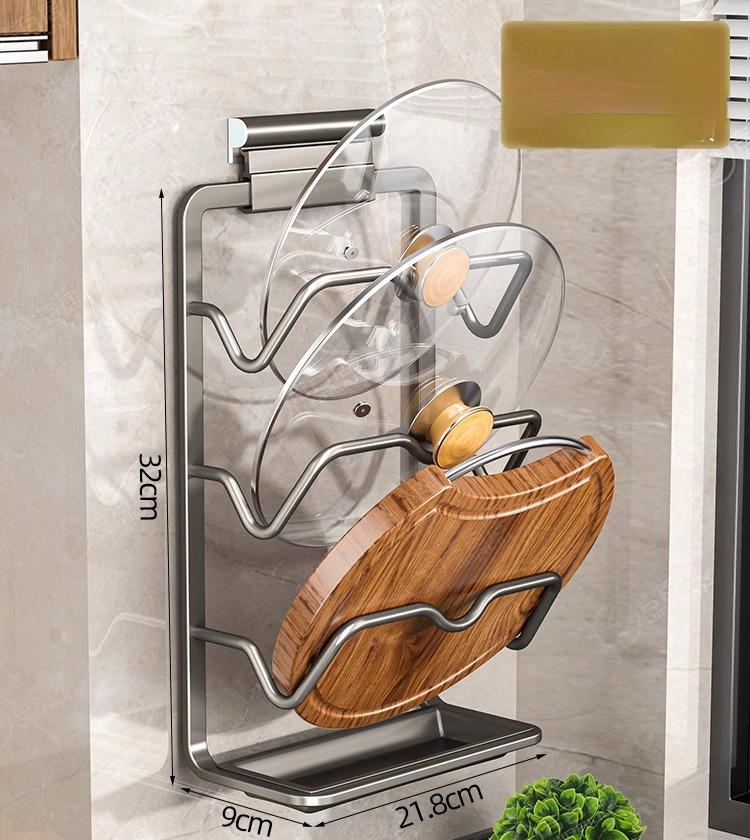 Kitchen Anti-fall Wall Mounted Pot Lid Rack Stand Aluminum Pan Cover Holder Cutting Board Storage Shelf Punch-free Drain Holder