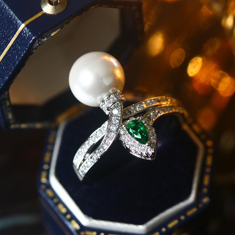 Exquisite Vintage Emerald Pearl Colored Treasure Opening Ring For Women 925 Silver Fashion Jewelry Bridal Jewelry Gift