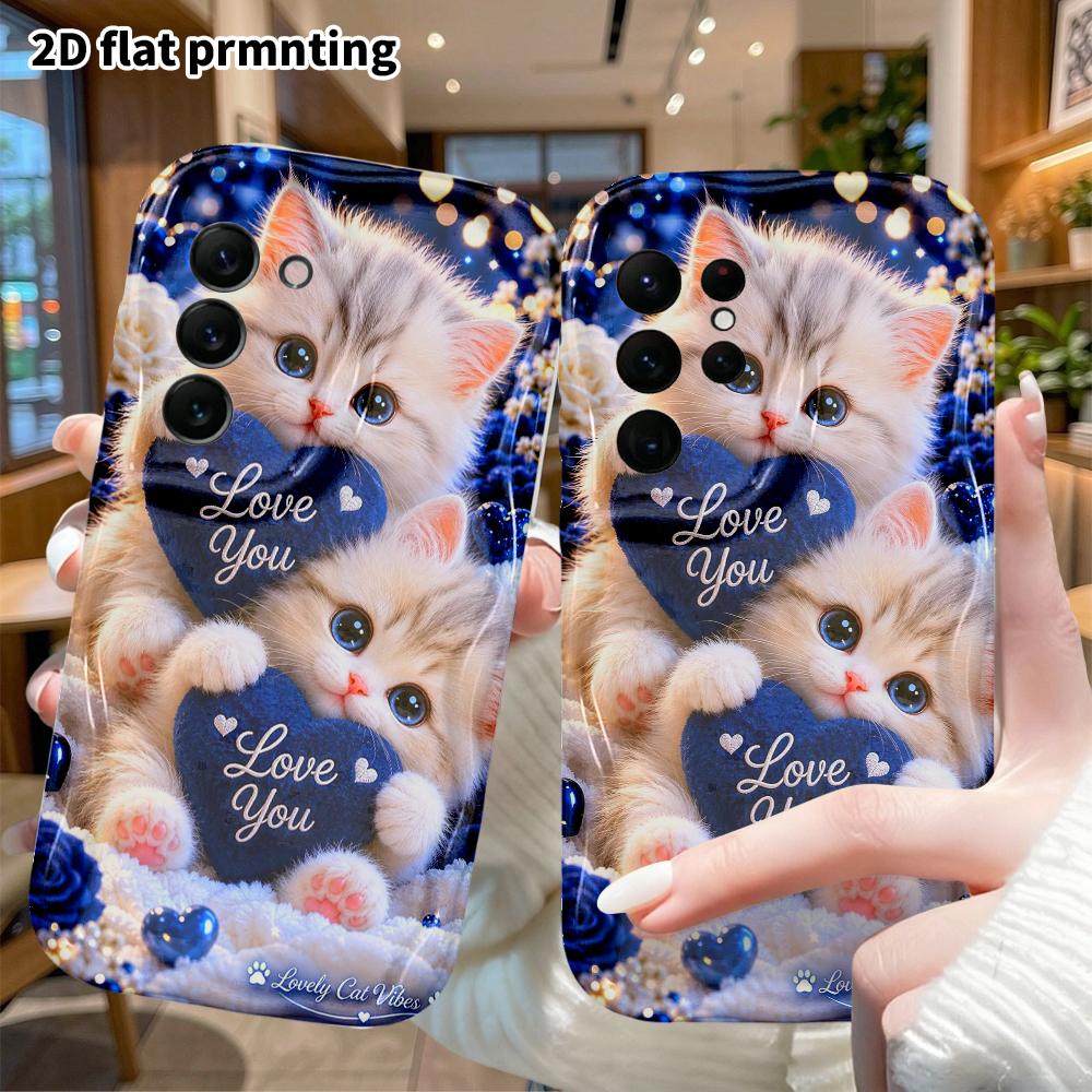 Phone Case: 2D Flat Samsung Galaxy A34 A35 M05 M06 S20 S22 S21 FE Plus 5G Protective Case, Deep Blue Tone with Two Little Cats, Christmas and Hallowee