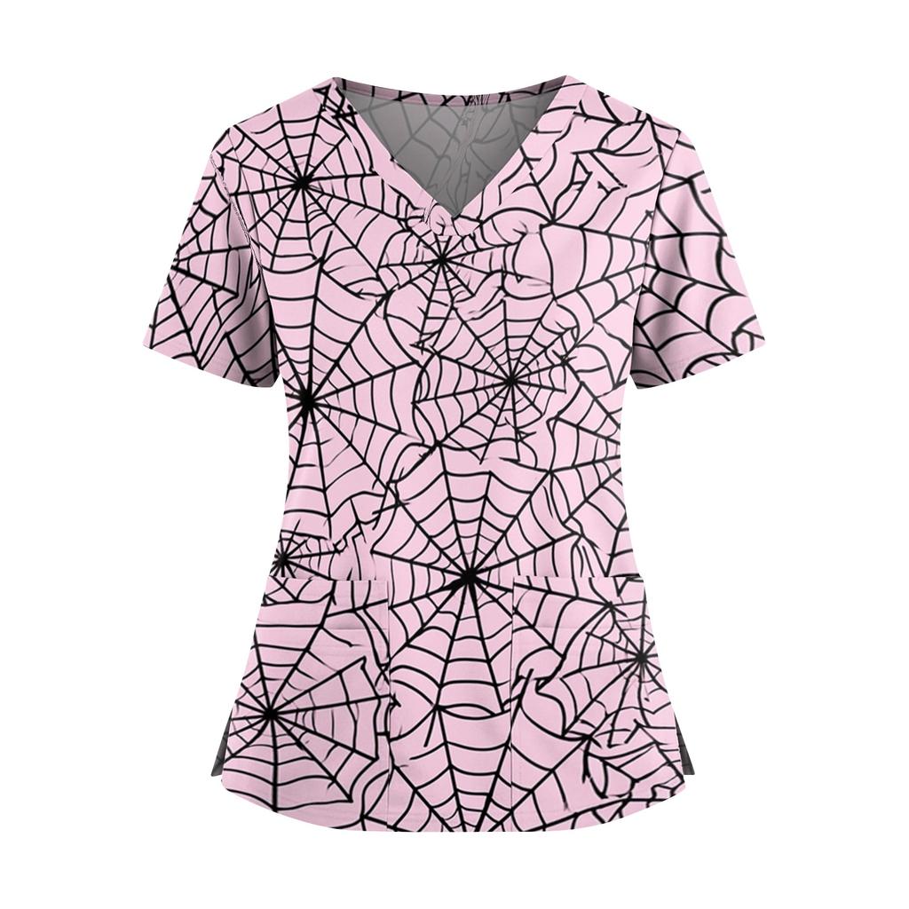 Womens V Neck Casual Halloween Print Top Short Sleeve Medical Scrub Shirt with Pockets Lightweight Comfortable Fit