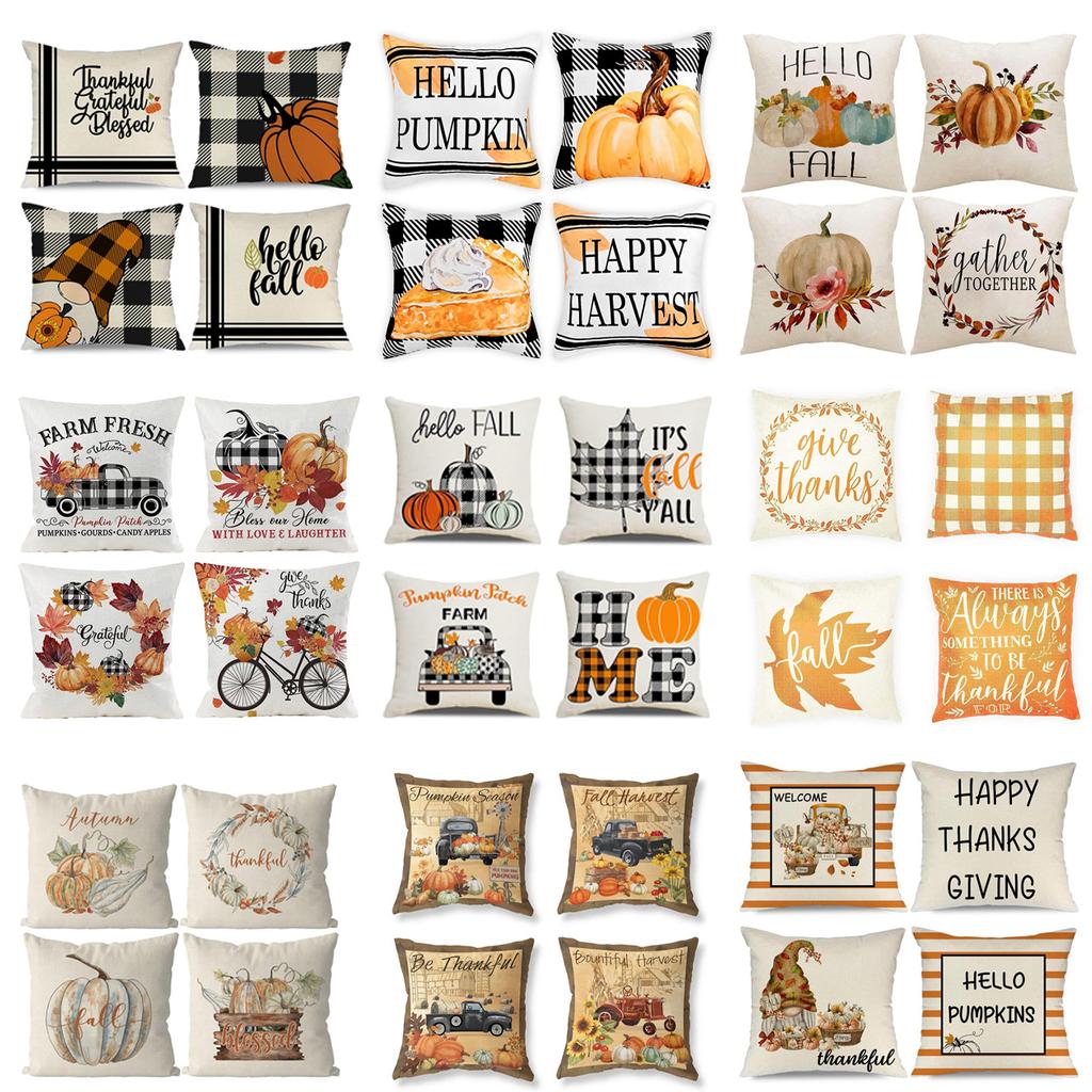 Nordic Fashion Square Linen Pillowcase Thanksgiving Design Autumn Harvest Cartoon Pumpkin Print Cushion Pillowcase
