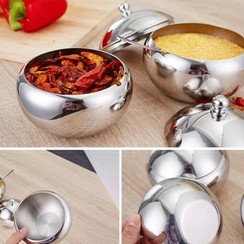 New Stainless Steel Seasoning Jar Sugar Grain Spice Bottle Spoon Drum Shaped Lid Kitchen Tools Storage Jar Home Furnishings