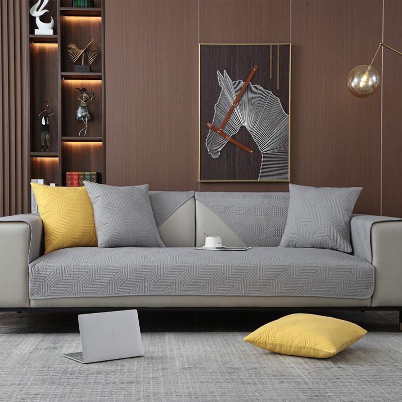 Four Seasons Washed Cotton Quilted Plaid Sofa Cushion Modern Simple Solid Color Fabric Anti-Slip Sofa Cushion Cover