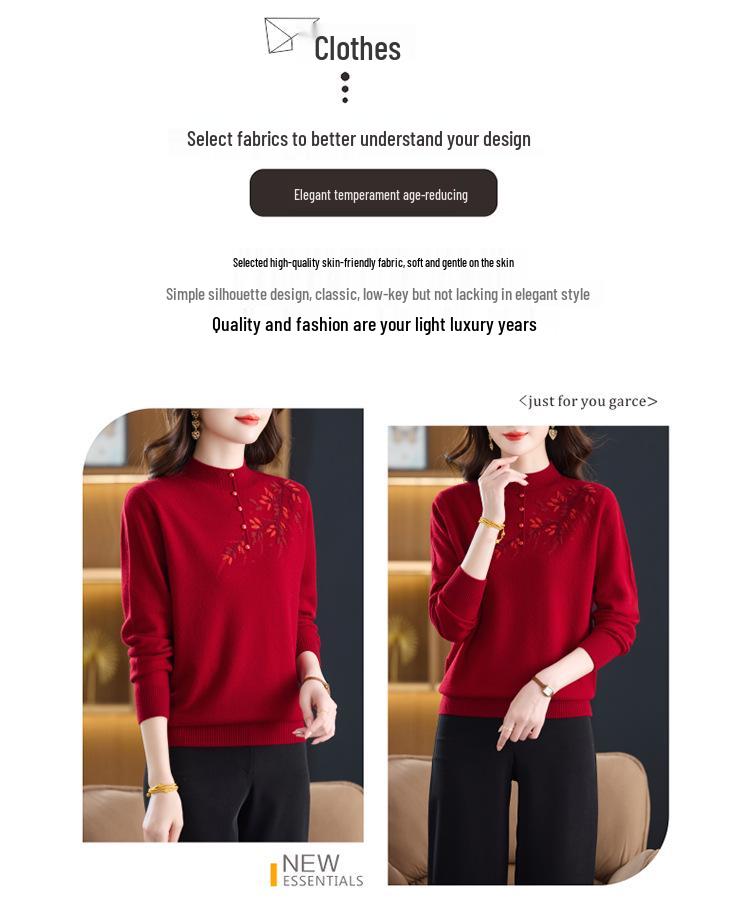Stylish 100% Pure Wool Embroidered Sweater for Women - Autumn & Winter Half High Neck Knitted Sweater