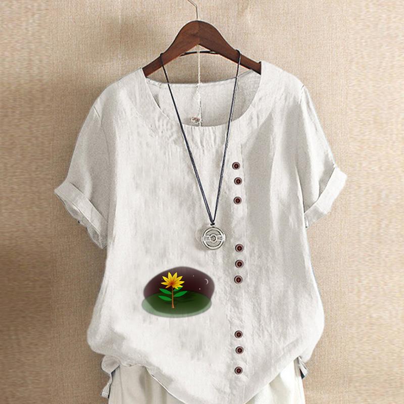 Women's Fashion Flower Prined Short Sleeve T-shirt Loose Cotton Shirt Casual Loose Summer Blouse Tops Plus Size