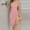 Evening Dress Off Shoulder Sheath Sleeveless Irregular Ruffle Hem Slim Fit Solid Color Faux Pearl Decor Midi Dress for Party Prom Wedding