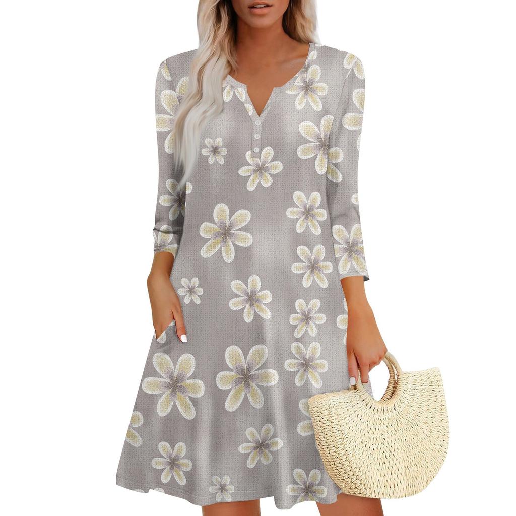 Women’s V Neck Floral Print Loose Fit Dress with Three Quarter Sleeves Casual Flowy A Line Summer Dress for Daily Wear