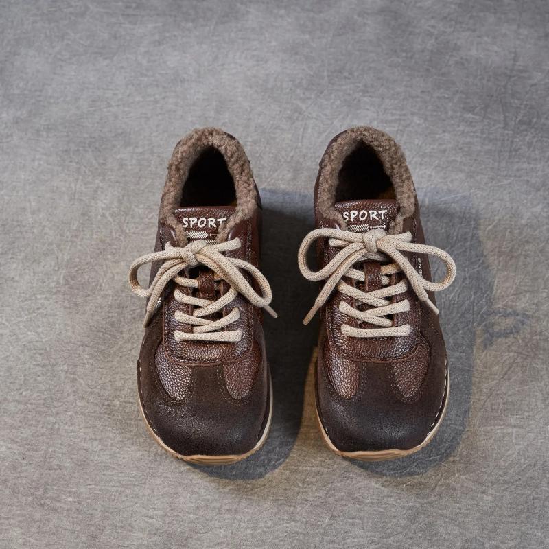 Johnature Echtes Leder Plüsch Warme Damen Schuhe Lässig Weich besohlt Sportschuhe Vielseitige Schnürschuhe Baumwollschuhe