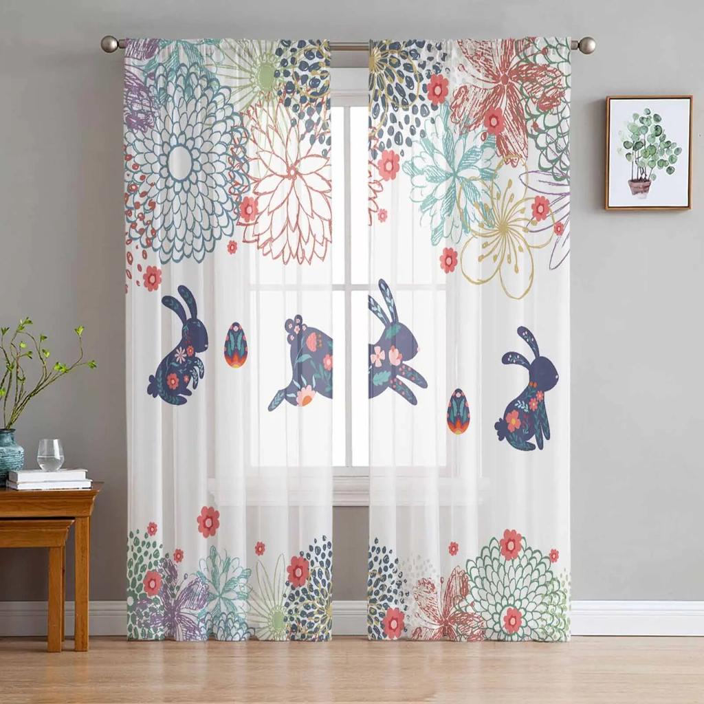 Easter Bunny Print Floral Tulle Curtains For Living Room Sheer Curtain For Bedroom Kitchen Blinds Voile Curtains