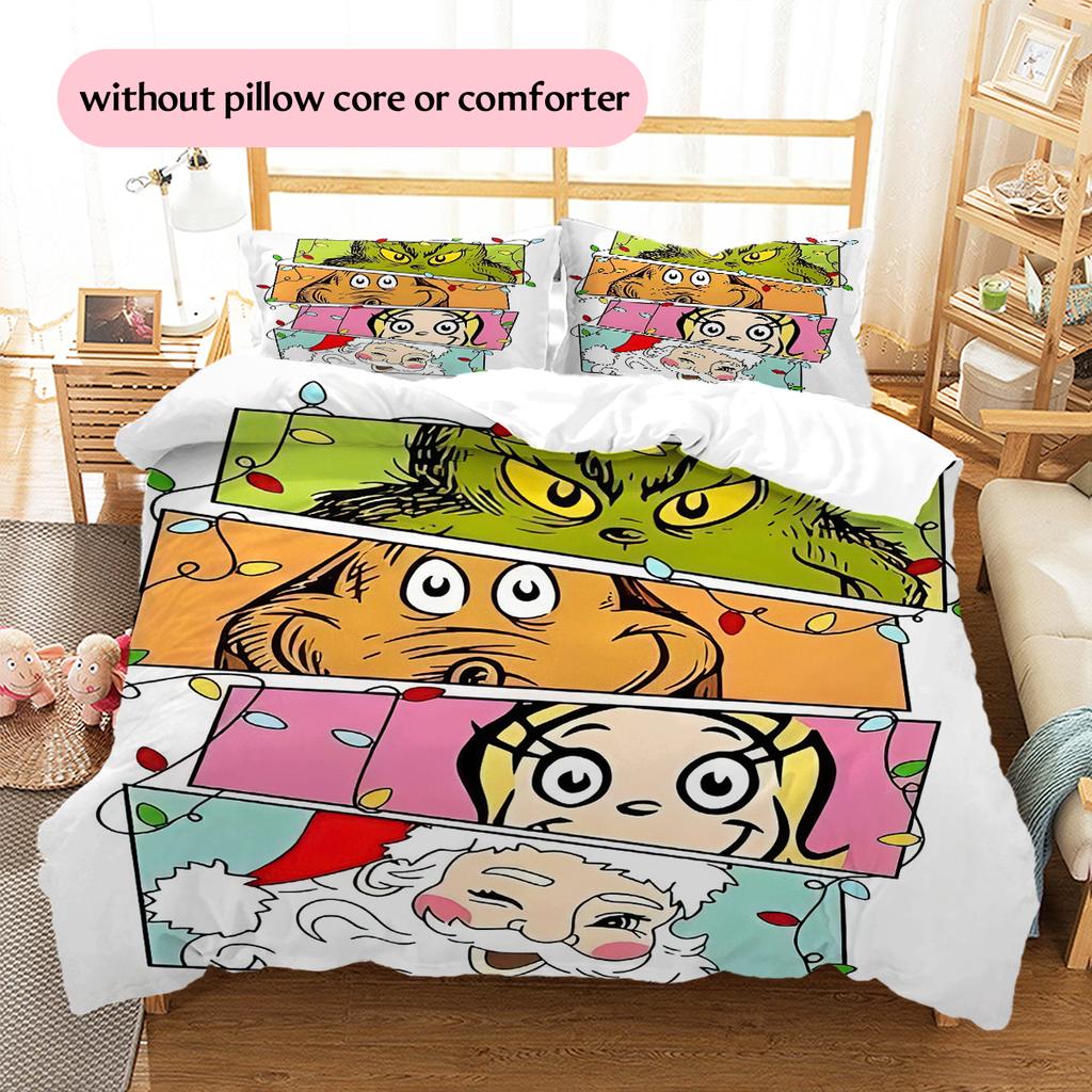1PC Grinch Pattern Bedding Quilt Set Quilt Cover Pillowcase Home Decoration Birthday Gift (1 * Duvet Cover + 2 * Pillowcase, Without Core)