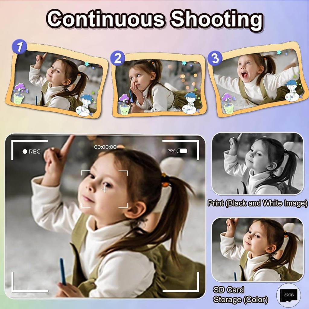GKTZ Kids Camera Instant Print - 1080P HD Instant Print Photo - Christmas Birthday Gifts for Age 4 5 6 7 8 9 10 Girls Boys - Portable Toy with 3