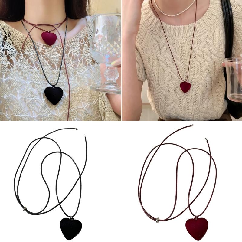 Elegant Heart Pendant Necklace Delicate Charm Necklace Flocking Texture Office Lady Necklace for Casual or Party Wear