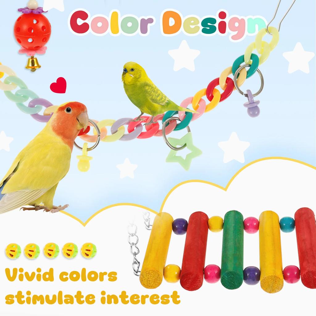 13Pcs Parrot Toy Set Wooden Assorted Style Combination Bird Toys Swing Chewing Training Toys Pet Supplies Bird Cage Accessories