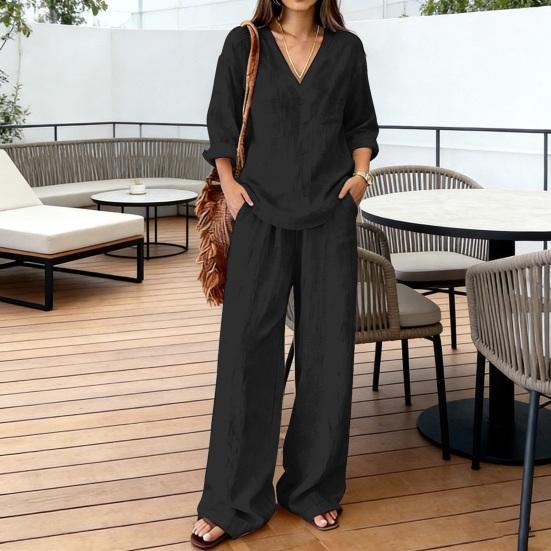 Women Linen 2 Piece Sets Summer Long Sleeve V Neck Shirts Matching Wide Leg Pants Lounge Sets Casual Beach Vacation Outfits