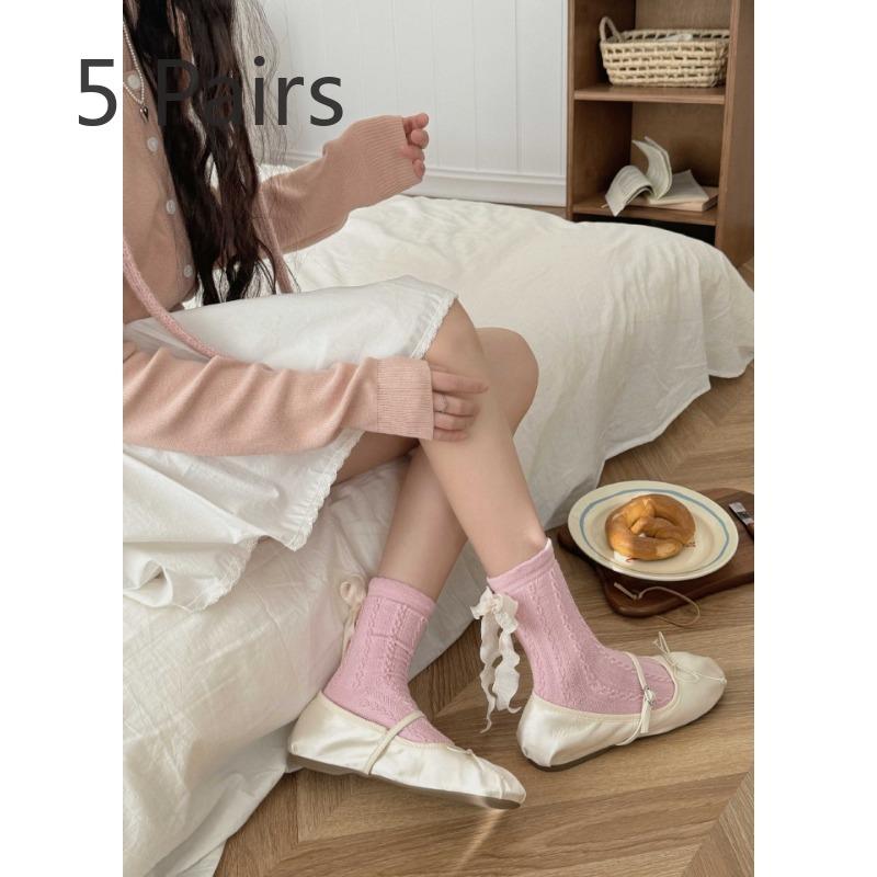 5 Pairs of Women's Spring Thin Breathable Heel Tie Bow Pile Socks