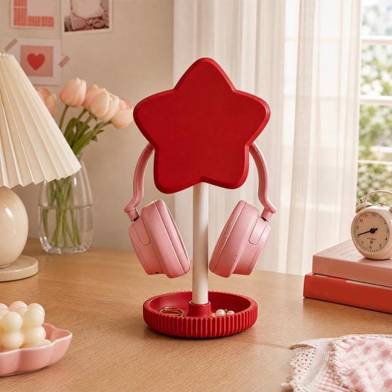 Cute Star Headphone Stand with Storage Tray, 3D Printed PLA Headset Hanger & Desk Organizer, Macaron Color Gaming Office Decor, Multi-Functional