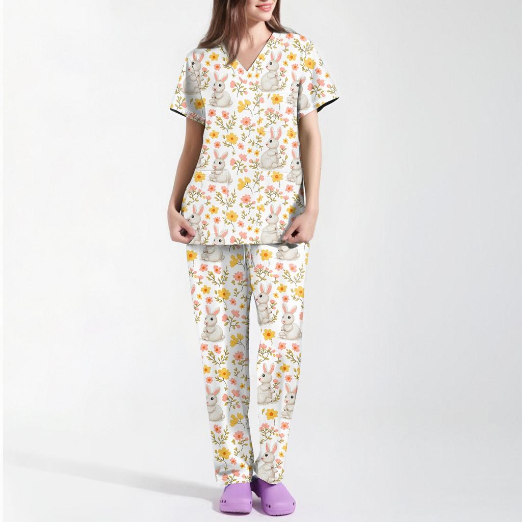Women's Printed Uniform Work Uniform V-Neck Pocket Protective Work Uniform