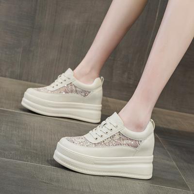 Spring and Summer Women's Shoes New Inner Height Increase White Shoes Women's High Heels Breathable Mesh Thick-soled Muffin Sole Single Shoes