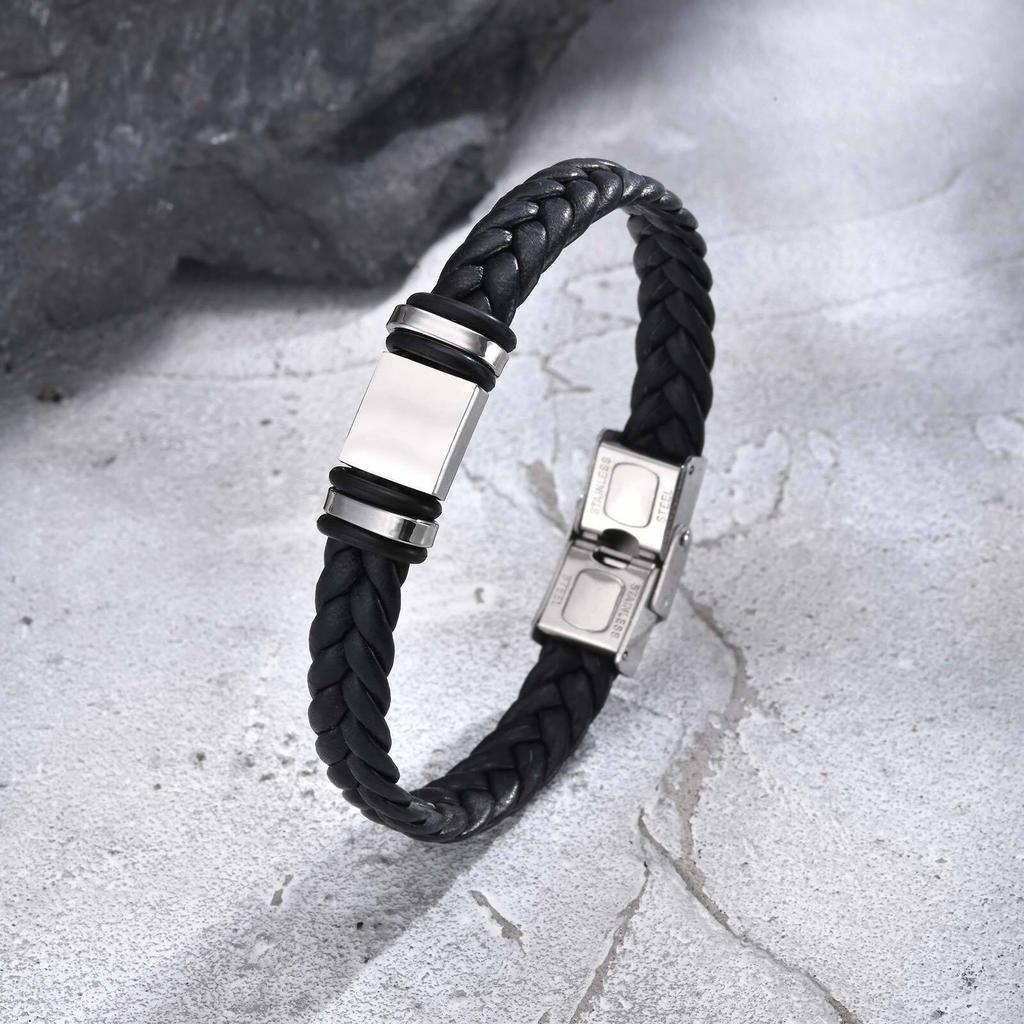 Initials Leather Bracelet for Men Boys,Stainless Steel A-Z 26 Letter Charm Woven Wristband,Casual Jewelry Gift To Father Husband