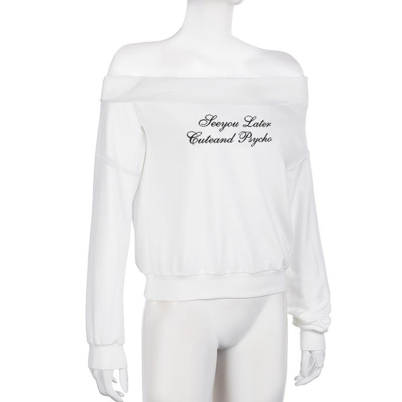 Women's Retro Small Letters Printed One-shoulder Sexy Long-sleeved Tops Loose Versatile Lazy Style Sweater T-shirt