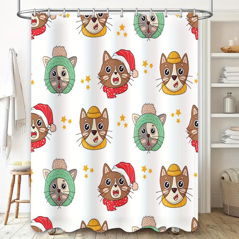 12-Piece Christmas Shower Curtain Set With Cats In Hats Bath Decor For Home Decoration Perfect Gift Idea (White) #