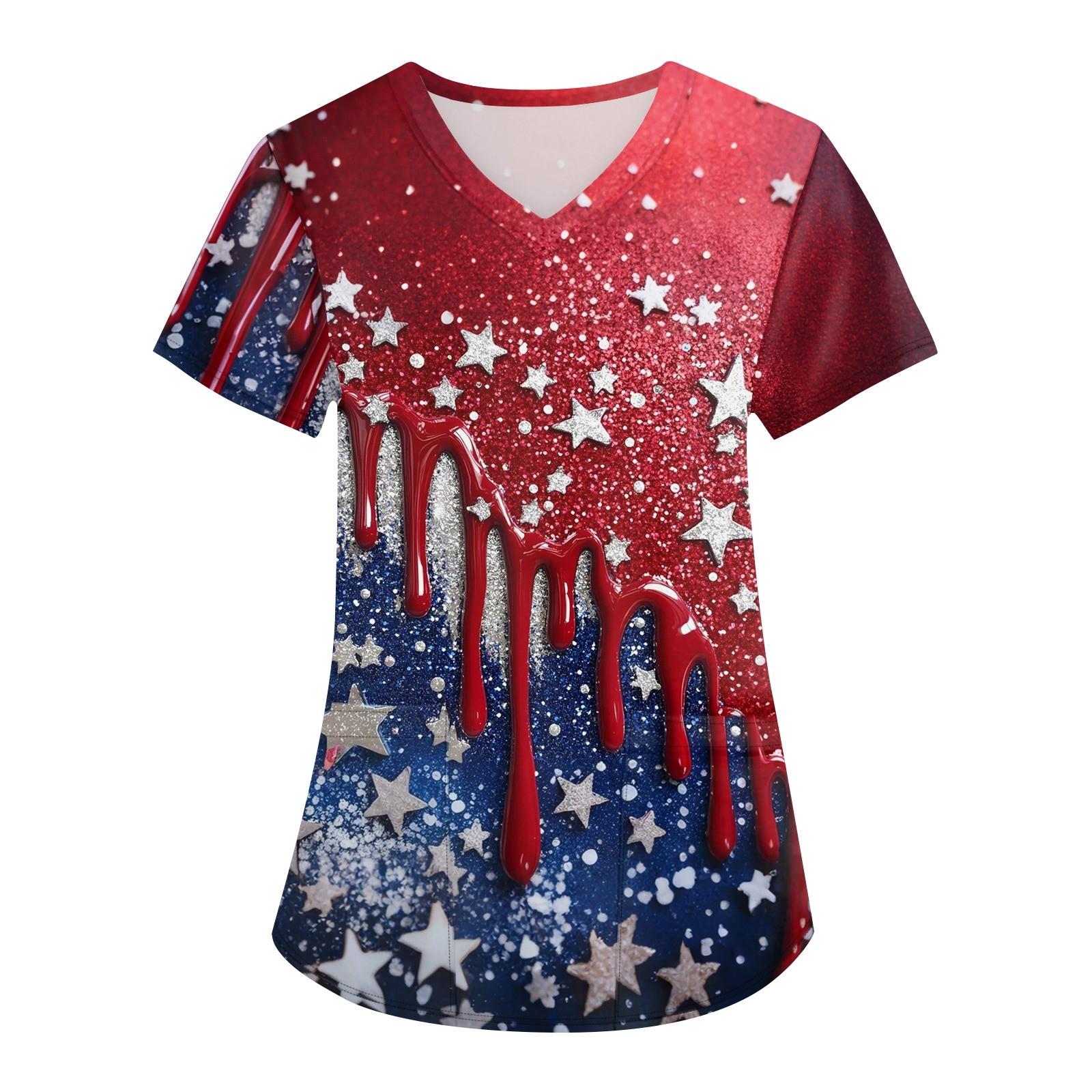 

Women s Fashion V-neck Short Sleeve Workwear With Pockets Independence Day Printed Tops XXL червоний
