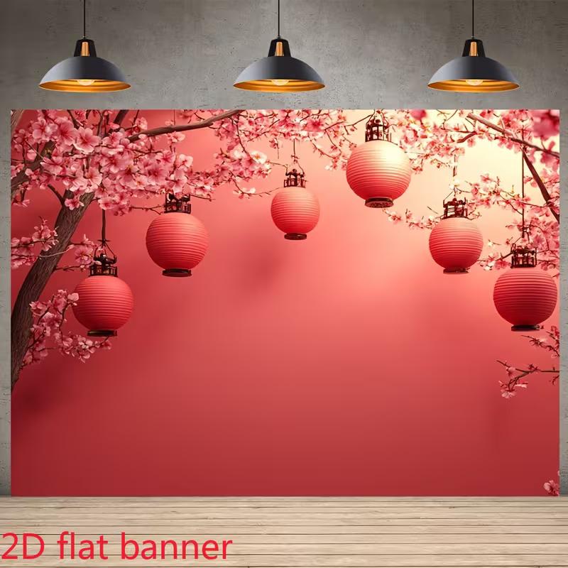 2D Red Oriental Backdrop with Cherry Blossoms and Lanterns for Lunar New Year Celebration