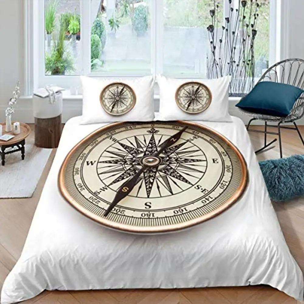 Compass Telescope Duvet Cover Set Navigation Theme Polyester Comforter CoverTwin Size For Kids Boys Girls Bedding Set