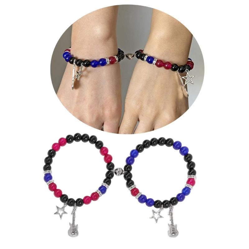 Magnetic Couple Matching Bracelets Best Friend Bracelet Guitar Star Charm Elastic Beaded Wristchain Birthday Jewelry