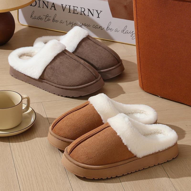 Fashion Crestar Women Plush House Slippers Fashion Faux Fur Collar Non-slip Platform Fuzzy Slides Winter Indoor Warm Fluffy Cotton Shoes