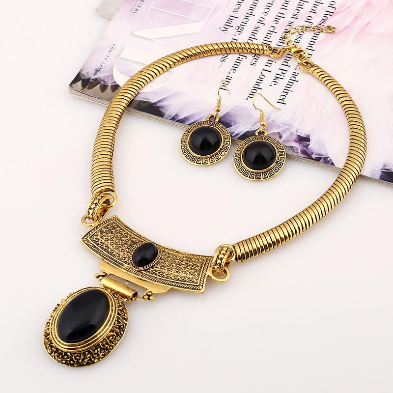 Etnisk Stil Simulering Ädelstensprydnad Dam Halsband och Örhänge Set För Män och Kvinnor