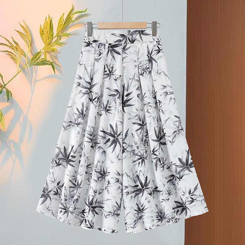 Women Floral Print Wide Leg Cropped Pants Elastic Waist Casual Summer Trousers