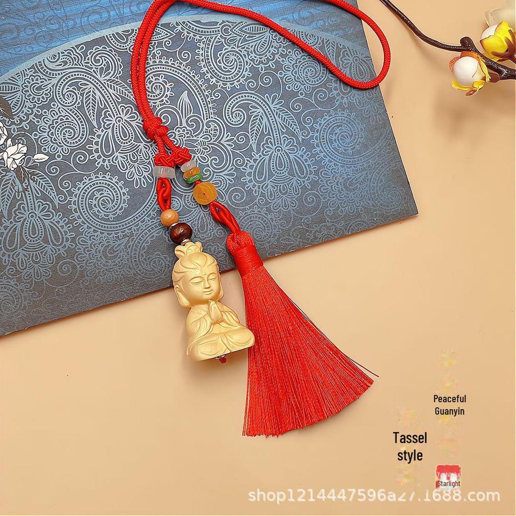 "Boxwood Buddha Guanyin Car Pendant: Creative Rearview Mirror Accessory for Men and Women"