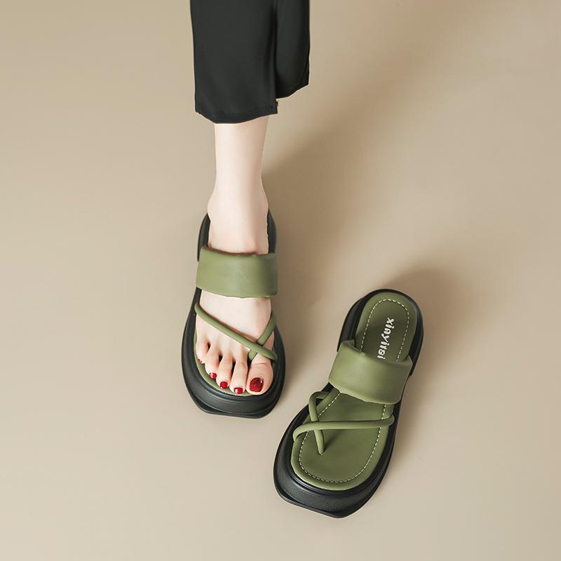 Sandalen Damen Sommer 2025 neue Plateau Zehenstegschuhe Muffin Schuhe [senfgrün chaosweiß]