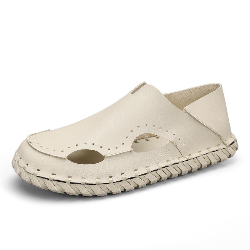 Handmade Genuine Leather Shoes Men Cool Summer Flats Men Breathable Outdoor Walking Shoes Handmade Slip On Male Antiskid Beach