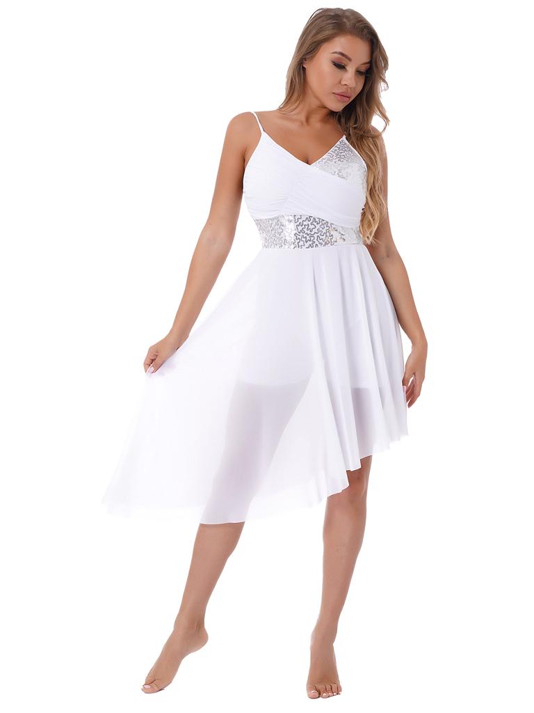 Women Lyrical Modern Dance Dress Sequin Asymmetrical Hem Leotard Skating Performance Costume