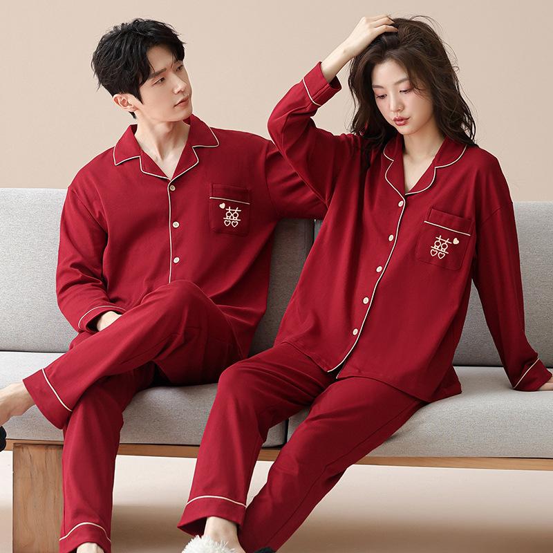 Pajamas wedding newlywed couple suit spring and autumn pure cotton red 1011 new men's and women's long sleeves festive autumn