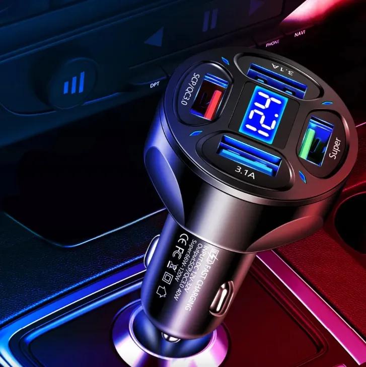 Fast Car Charger 4X Usb Qc 66W For Phone Tablet Led