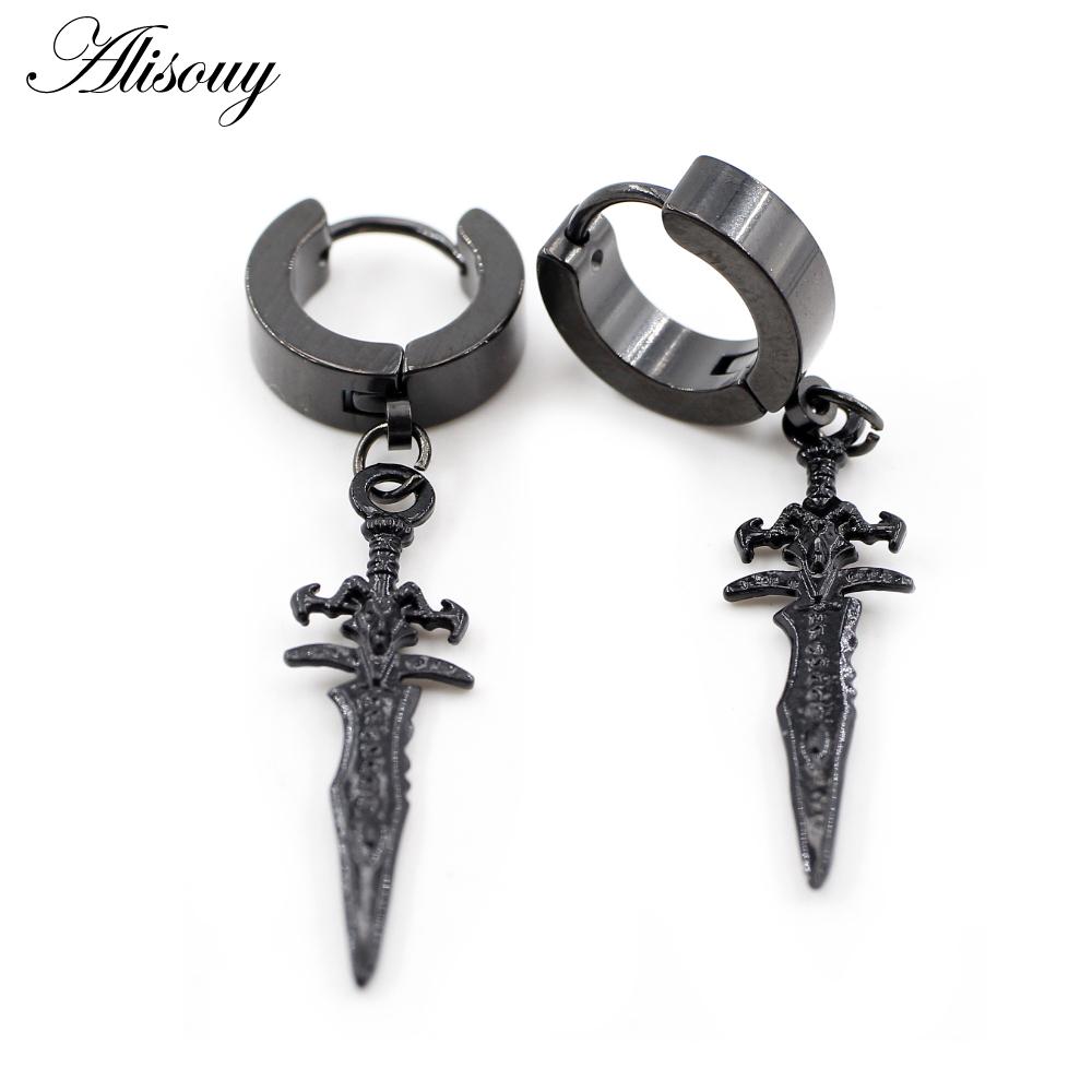 Alisouy 2PCS Stainless Steel Star Cross Snake Spike Skull Sword Blade Chain Feather Spider Dangle Women Men Huggie Hoop Earrings