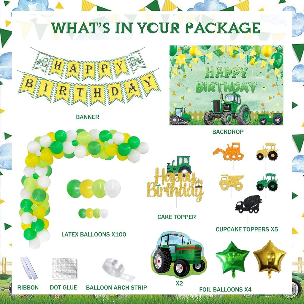 Tractor Birthday Party Decorations, Farm Green Tractor Theme Birthday Decorations Backdrop Balloon Garland Arch Banner Cake Cupcake Topper Tractor