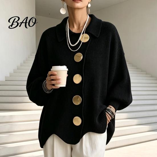 Frühling Herbst Pullover Damen Oversized Strick Cardigan Pullover, Hemdkragen Oberteil mit Großen Metall Freizeitknöpfen, Lockere Fledermausärmel für Weiche Hautfreundlichkeit